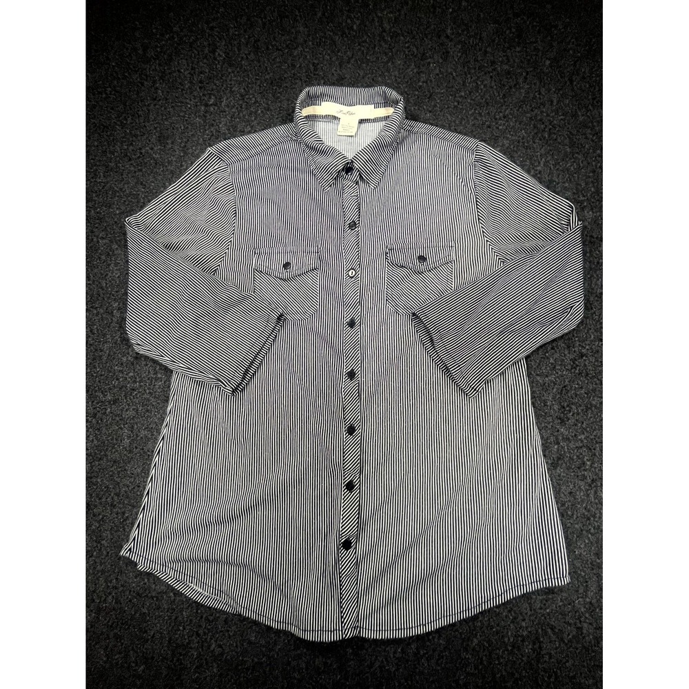 Living Doll Shirt Womens Medium Black White Striped Roll Tab Sleeve Button Up
